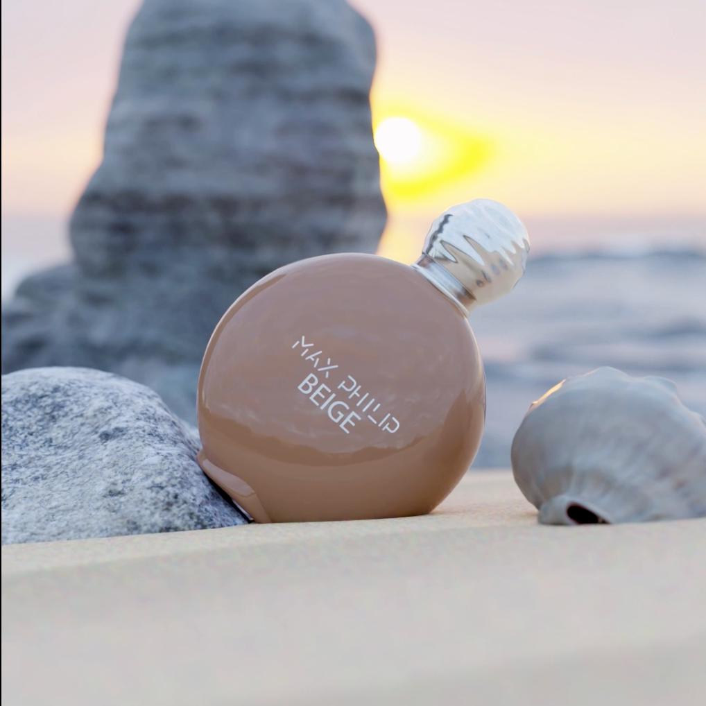 Max Philip Beige Eau de Parfum in an artistic scene reflecting softness and understated elegance