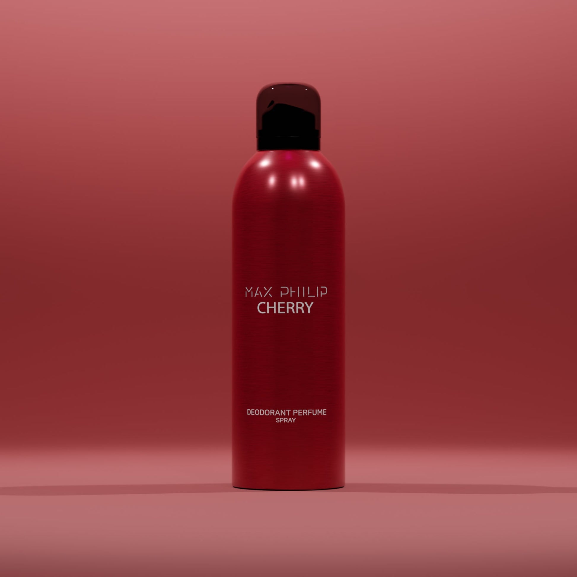Max Philip Cherry Deodorant Perfume Spray bottle with bold red accents and fruity scent