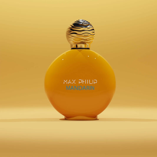 Max Philip Mandarin Eau de Parfum bottle with vibrant citrus-inspired design